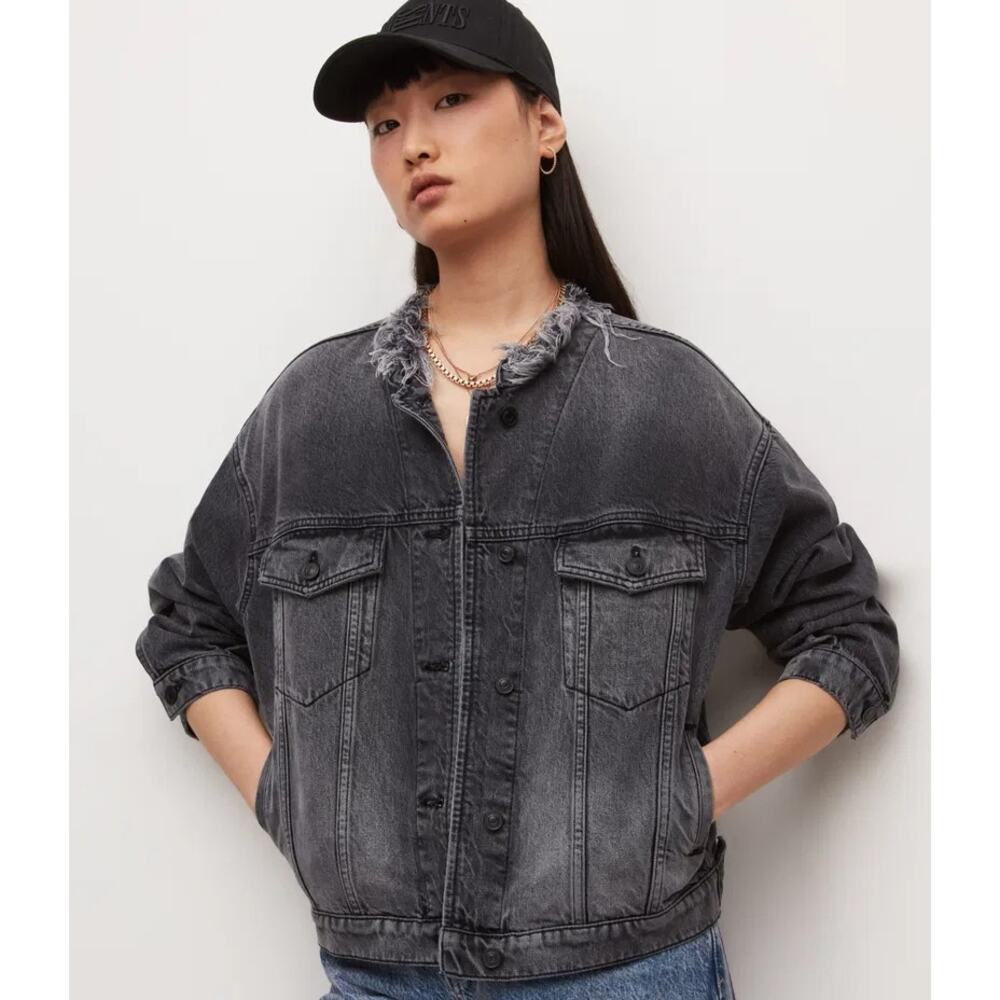 All Saints Bloom oversized logo black denim jacket size 2